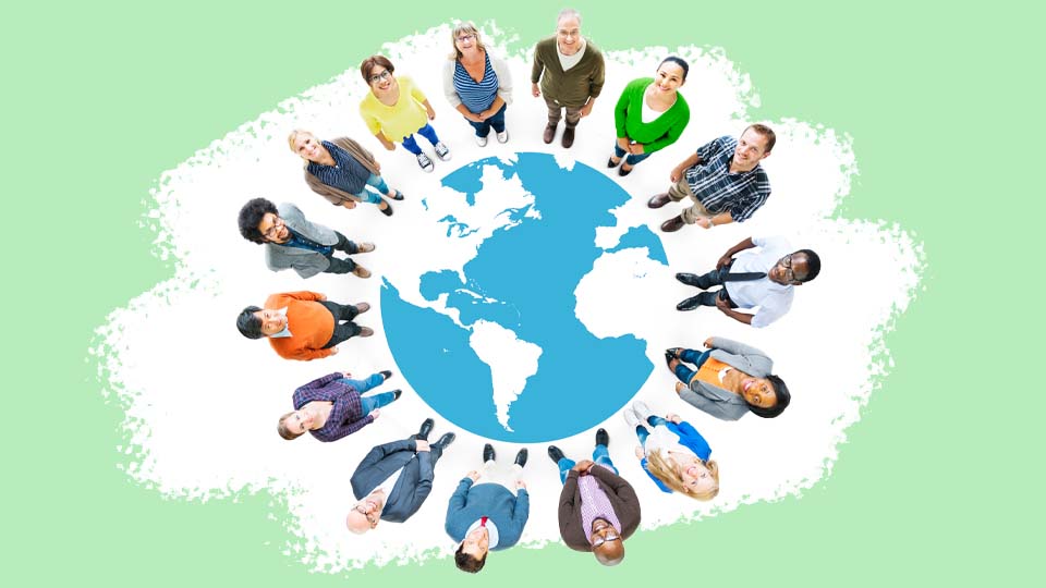 a globe with people standing around it, the picture is a graphic illustration