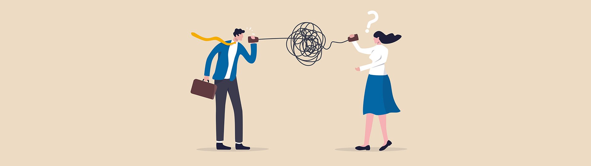 Man speaking into a megaphone emitting tangled sound waves, while a confused woman with a question mark listens, representing communication challenges.