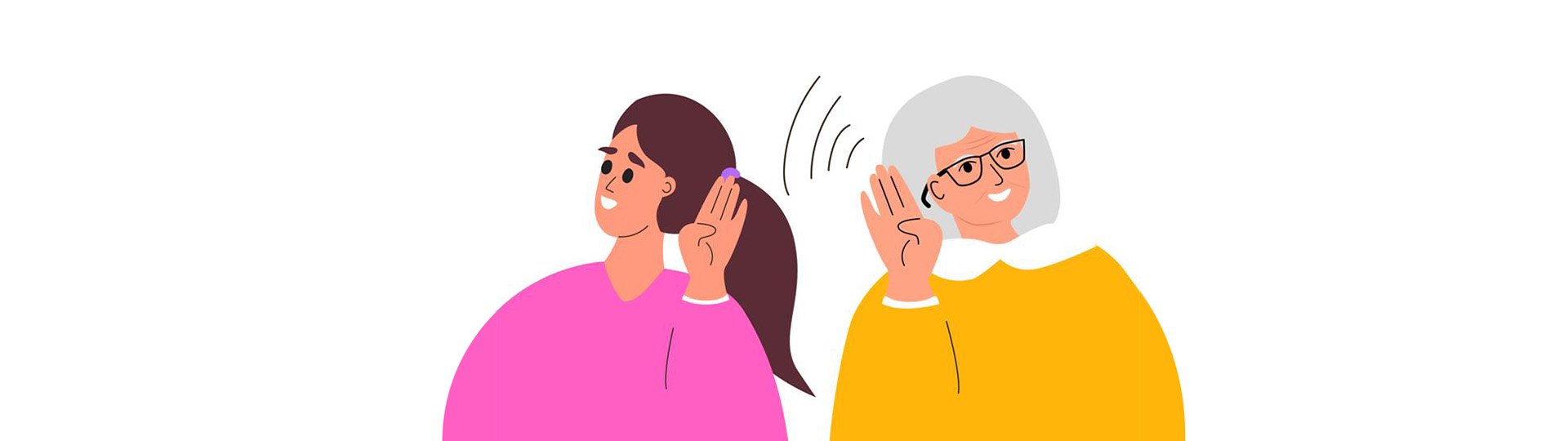 illustration of a young person and a senior person each holding their hand to their ear