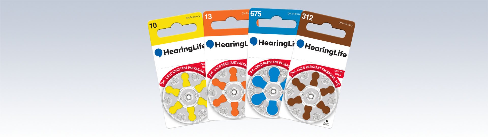 Hearing aid battery packs in sizes 10, 13, 675, and 312 with child-resistant packaging and 0% mercury.