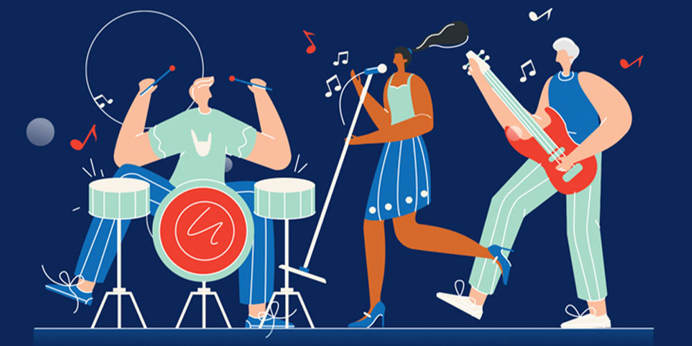 Musicians playing drums, singing, and guitar on stage in bold, colorful illustrations, emphasizing hearing protection at loud music events.