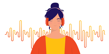 Person listening to audio with headphones, surrounded by orange soundwave graphics.