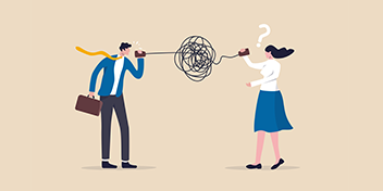 Man and woman struggle to communicate via phones connected by a tangled line, representing difficulties in speech, language, or hearing comprehension.