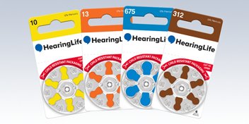hearing aid battery packs in sizes 10, 13, 675, and 312