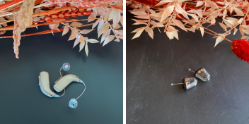 behind-the-ear hearing aids and in-the-ear hearing aids on a dark surface with decorative foliage accents in the background