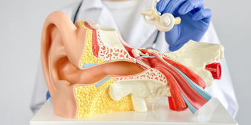anatomical model of the human ear showcasing detailed internal structures, held by a gloved healthcare professional