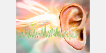 ear depicted with colorful sound waves and frequency patterns