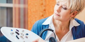 woman examines a variety of hearing aid styles on a display