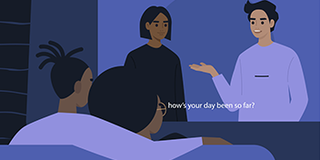 People sitting on a couch watching a television show with captions displayed.