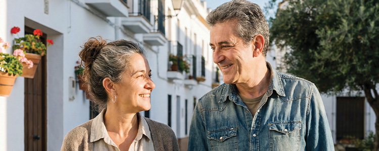 Couple walking and smiling at one another