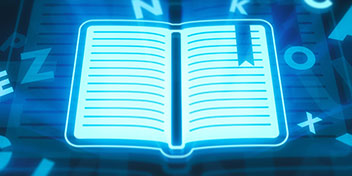 Open book icon with a glowing blue design surrounded by floating letters.