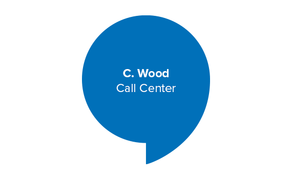 Blue speech bubble shape containing white text: