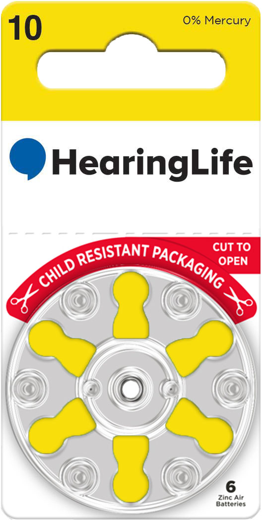 Hearing aid size 10 zinc-air batteries with child-resistant packaging