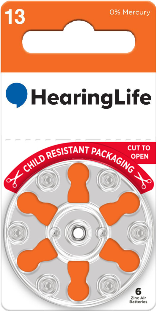 Size 13 zinc-air hearing aid batteries in child-resistant packaging from HearingLife