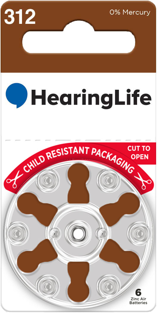 Size 312 hearing aid batteries in child-resistant packaging with the HearingLife logo.