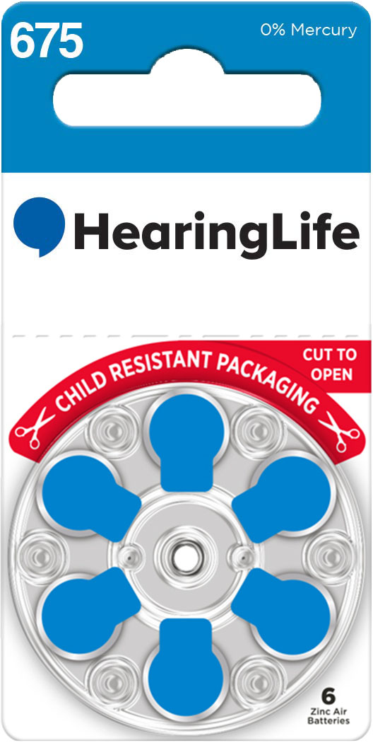 Size 675 zinc air hearing aid batteries in child-resistant packaging with HearingLife branding.