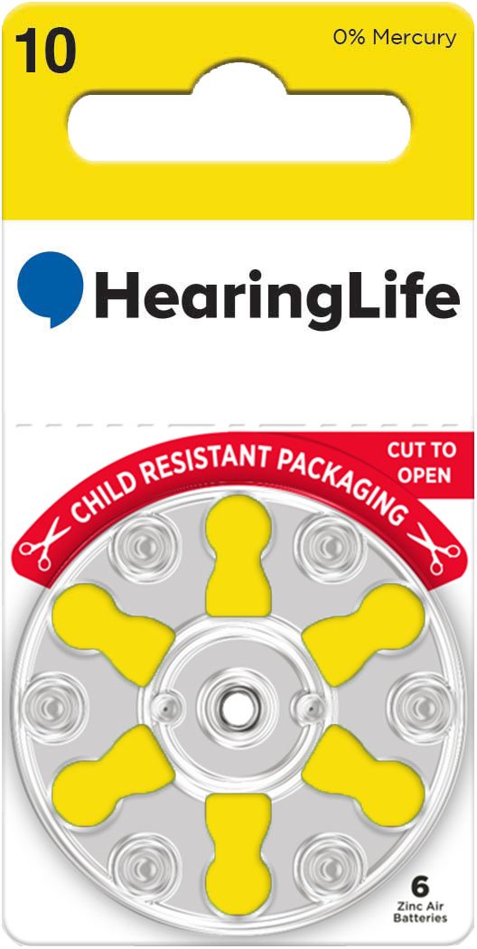 Hearing aid size 10 zinc-air batteries with child-resistant packaging