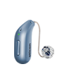 Oticon Intent™ hearing aid, sky blue color, featuring sleek design and advanced technology