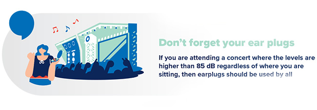 Protect your hearing at loud events with earplugs to reduce exposure to noise above 85 dB.