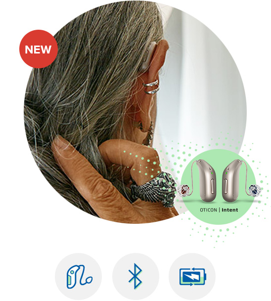 NEW Oticon Intent™ hearing aids featuring Behind-the-Ear design, Bluetooth® connectivity, and rechargeable batteries.