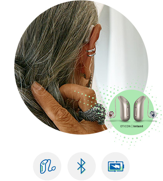 Oticon Intent™ hearing aids featuring Behind-the-Ear design, Bluetooth® connectivity, and rechargeable batteries.