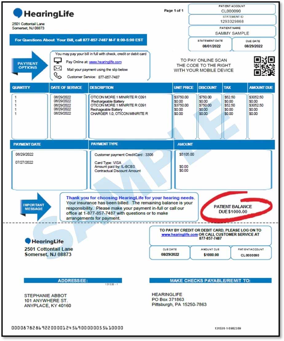 HearingLife bill statement showing patient account details, payment options, itemized charges, and payment balance information.