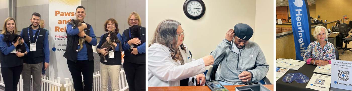A composite image depicts three scenes:  
					
					1. 'Object:' Group with puppies.  
					   'Action:' Five individuals smiling, holding puppies.  
					   'Context:' Event area with 'Paws and Relax' banner sponsored by HearingLife.  
					
					2. 'Object:' Audiologist and patient.  
					   'Action:' Audiologist showing a hearing device to a seated individual.  
					   'Context:' Office setting with a clock on the wall.  
					
					3. 'Object:' HearingLife representative at table.  
					   'Action:' Representative seated beside informational materials and QR code sign.  
					   'Context:' Hearing clinic environment with HearingLife branding.  
					
					Text on banner: 'Paws and Relax. Friday, April 21, 2023, 9:00 am - 12:00 pm. Sponsored by HearingLife.'  
