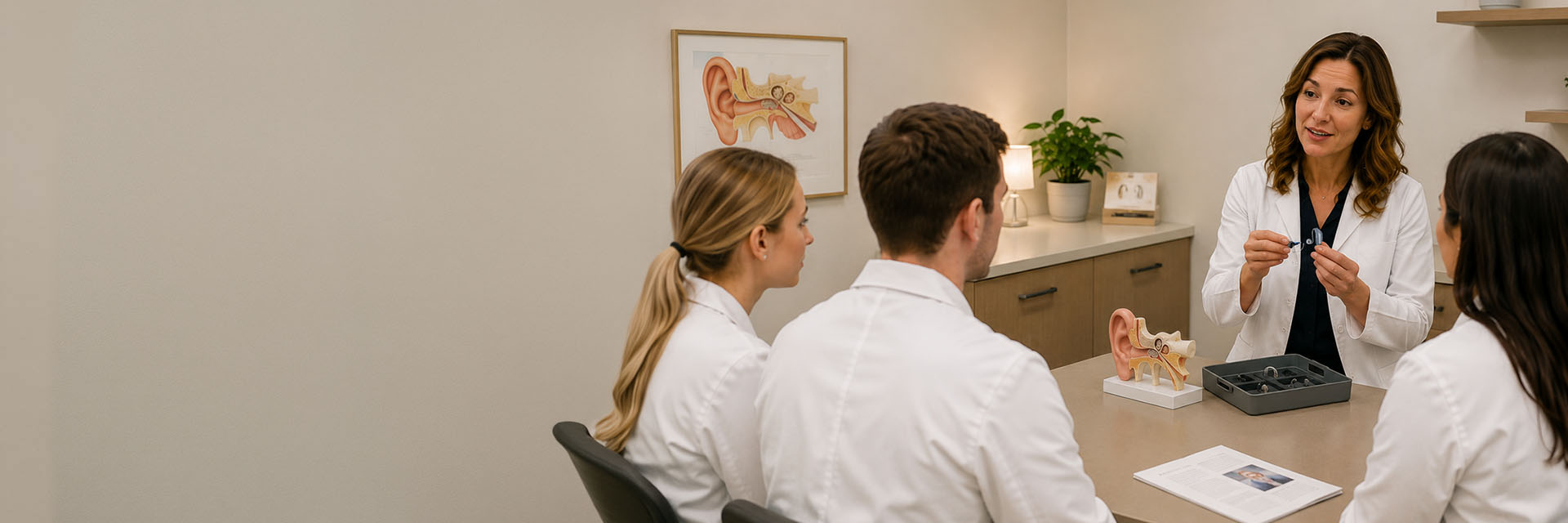 Hearing care professional demonstrating hearing aid function to apprentices