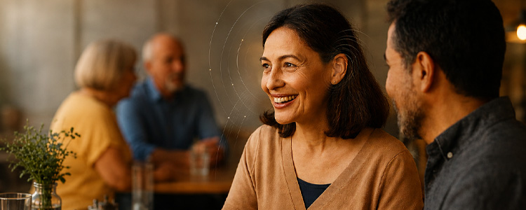 Woman with hearing aid smiling and engaging in conversation at a coffee shop.