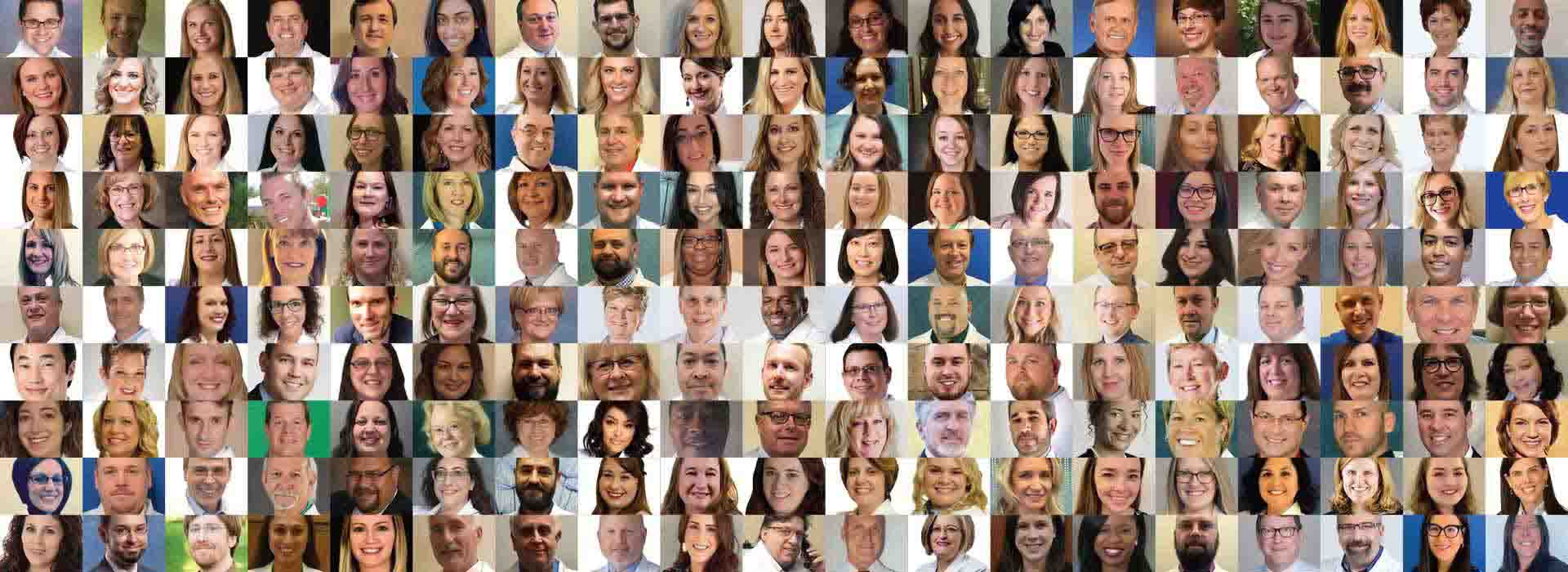 Collage of numerous headshots, showing diverse individuals evenly spaced in a grid format, all smiling directly at the camera, against varying plain and natural backgrounds.