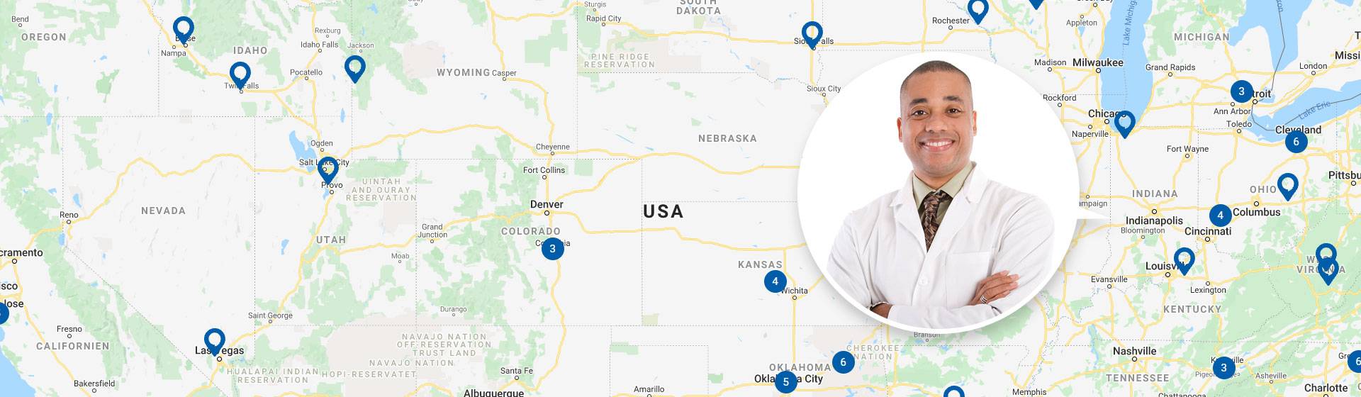 Locations of hearing clinics across the United States highlighted on a map alongside a smiling audiologist.