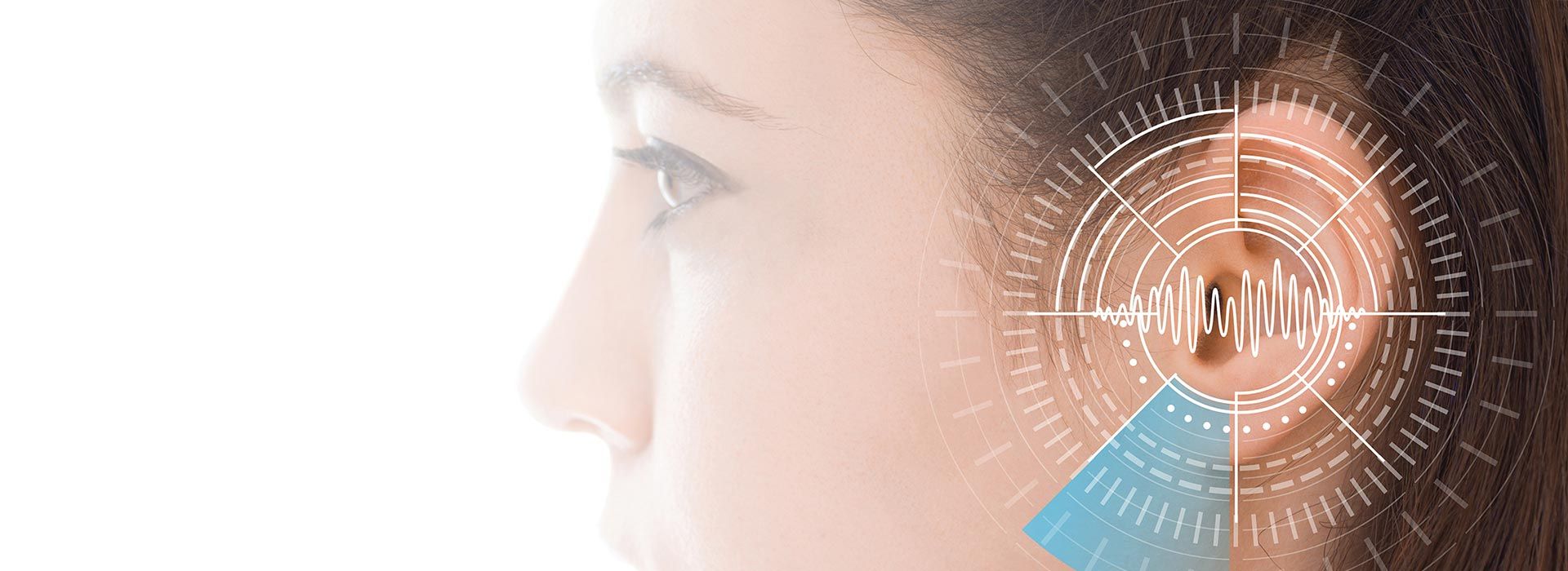 Ear with soundwave and digital interface overlay, representing advanced hearing technology and sound innovation.