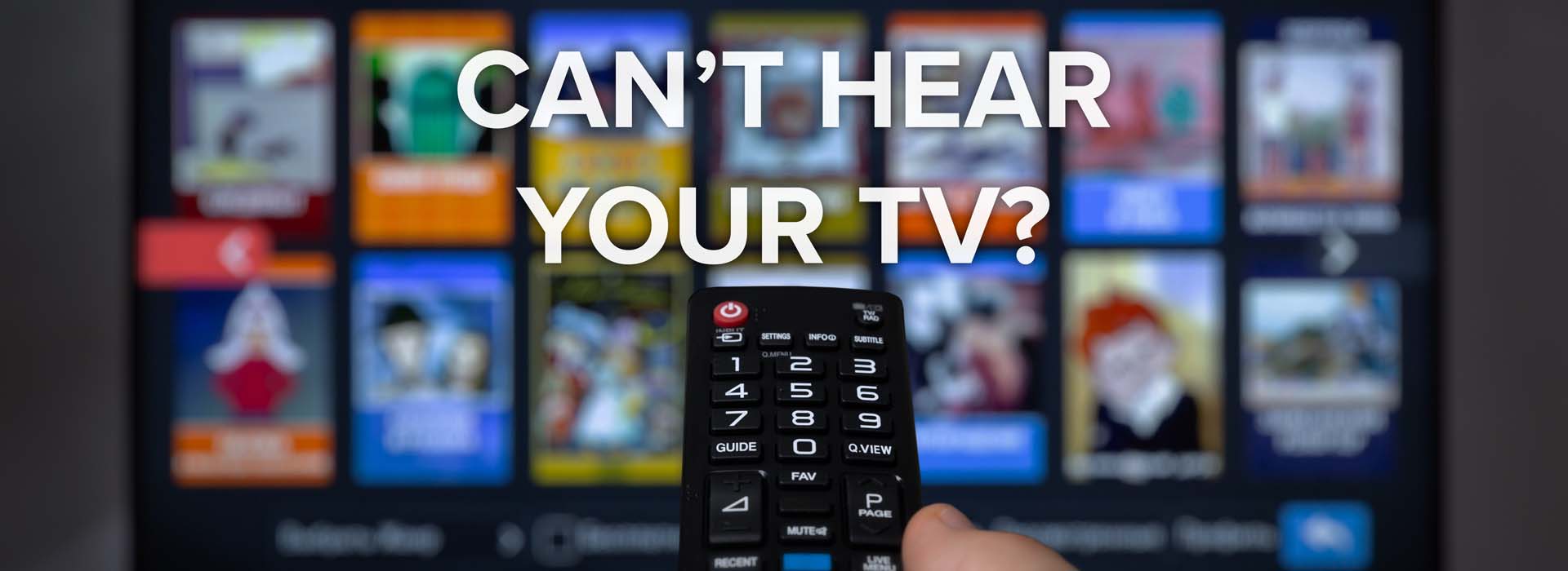A hand holding a remote control points towards a television screen displaying a selection of colorful content options. Large text reads: 