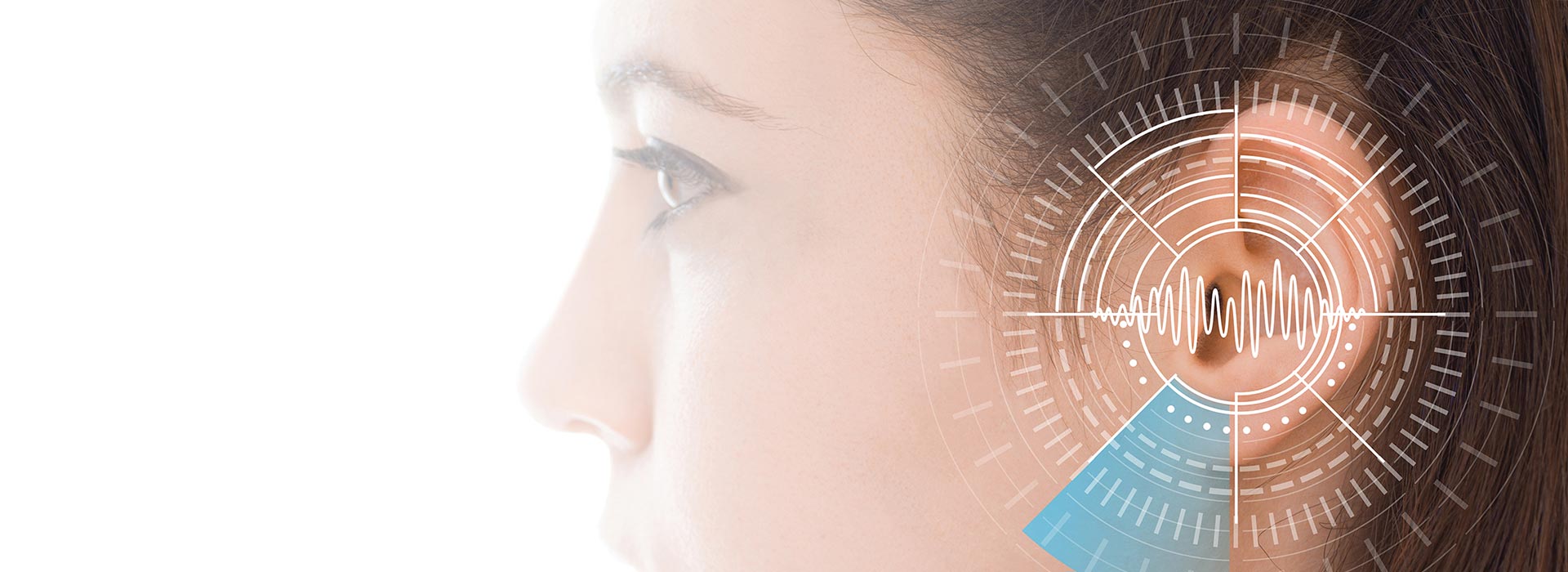 Woman's ear with soundwave and digital interface overlay, symbolizing hearing and sound technology.