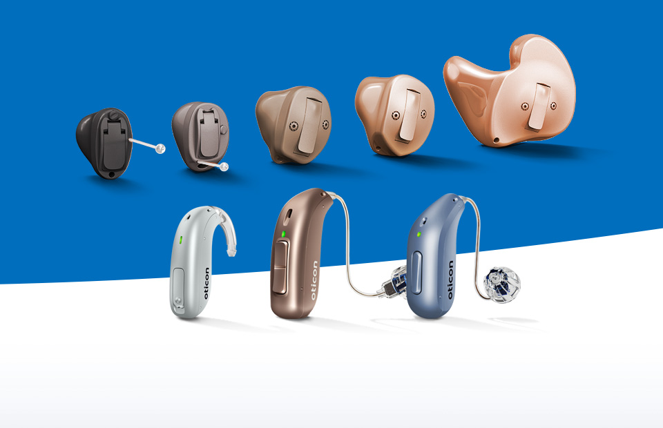 Hearing aid models from various brands displayed against a blue and white background.