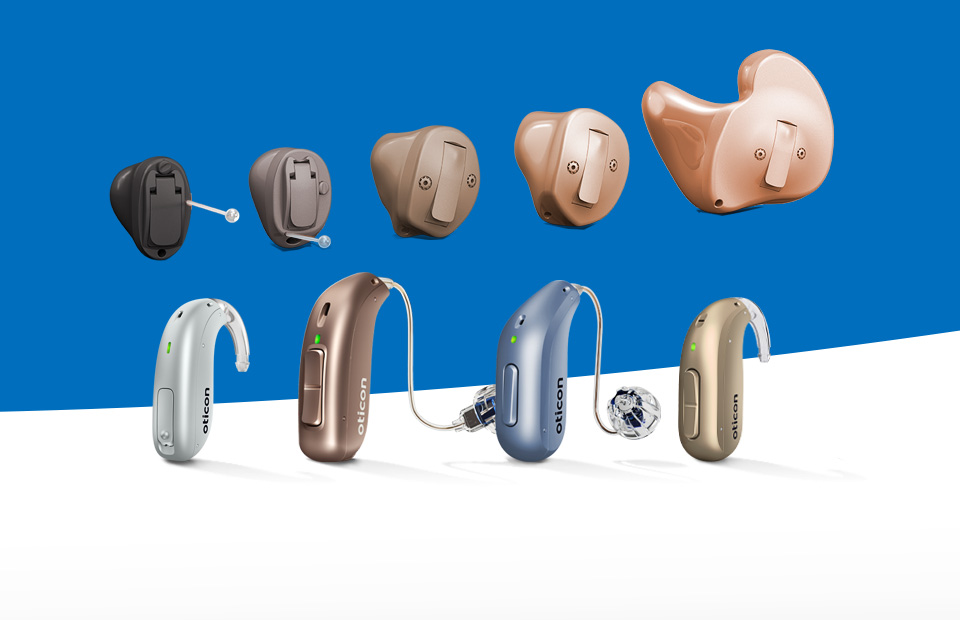 Various hearing aid models displayed against a blue and white background.