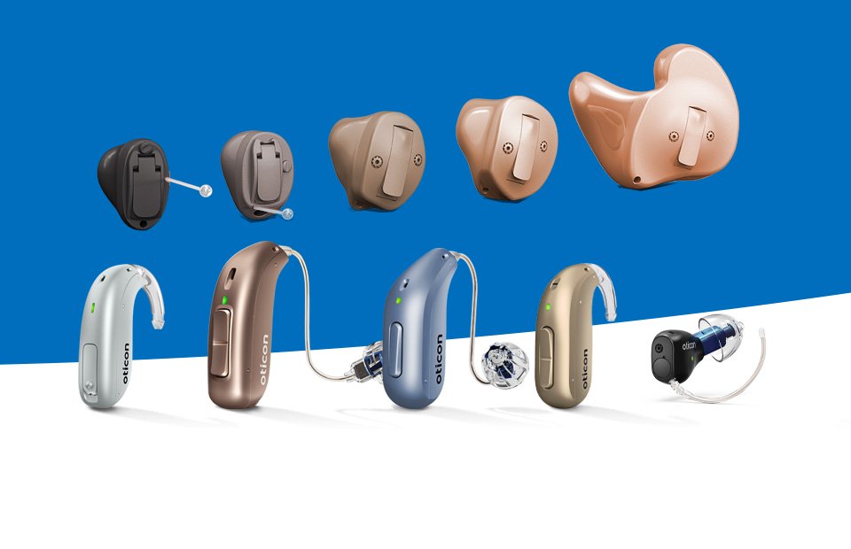 Various hearing aid models displayed against a blue and white background.