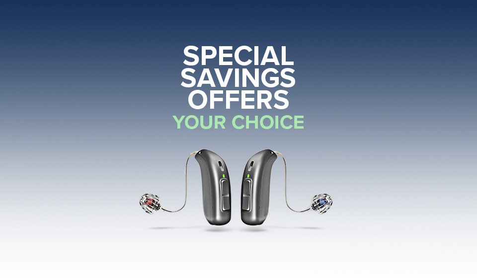 Two hearing aids are displayed against a gradient blue background. Above them, the text reads: 