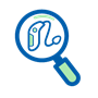 Examining a hearing aid through a magnifying glass