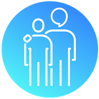 Hearing care apprenticeship program icon featuring two outlined figures, one with a speech bubble, on a gradient blue background.