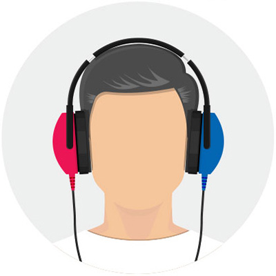 A faceless person wears large black headphones with a red earpiece on the left and a blue earpiece on the right, against a plain light-grey circular background.