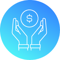 Employee Purchase Program icon featuring two open hands holding a dollar symbol within a blue gradient circle.