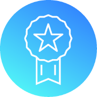 Employee recognition icon featuring a star in a circular badge with a ribbon, outlined in white on a blue gradient background.