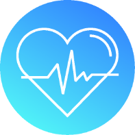 Health insurance icon with a heart and heartbeat line, displayed on a blue gradient background.
