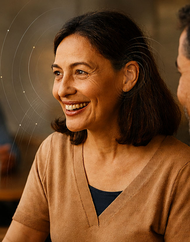 Woman enjoying conversation while wearing hearing aids in a coffee shop.