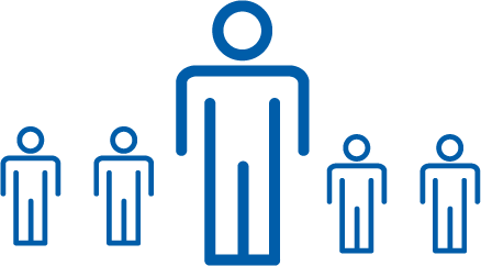A central large blue stick figure stands surrounded by four smaller blue stick figures, representing hierarchy, growth, or progression in a clean, minimalist design.