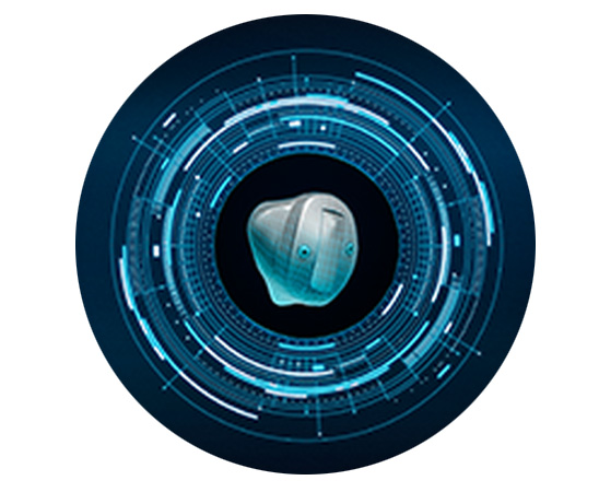 Hearing aid surrounded by a futuristic digital interface design.