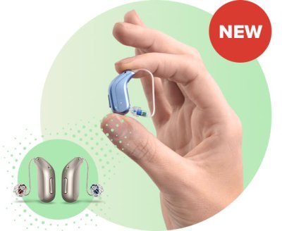 Hand holding the new Oticon Intent™ behind-the-ear hearing aid with a sleek, modern design and advanced features.