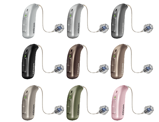 hearing aids in various colors displayed in a grid pattern