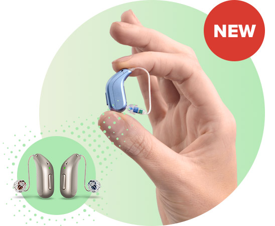Hand holding the new Oticon Intent™ behind-the-ear hearing aid, featuring a modern design, advanced technology, and improved sound experience.